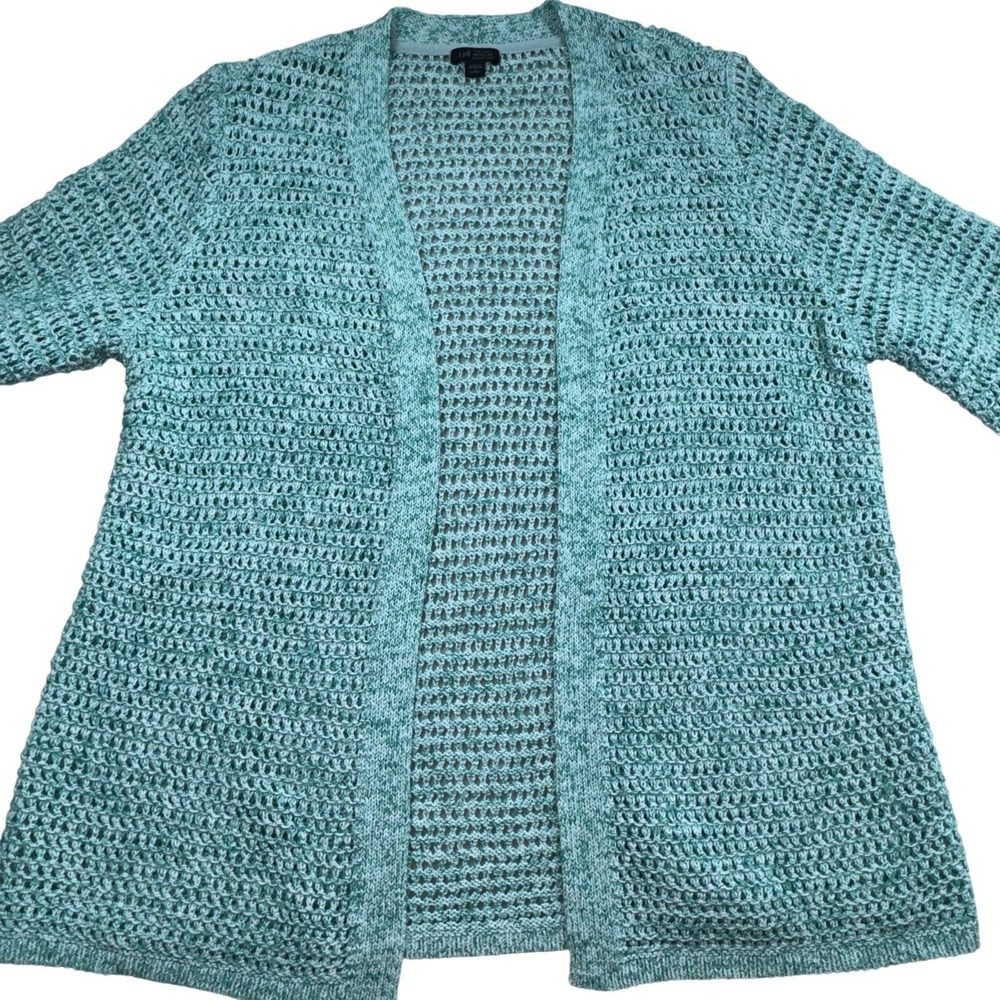 J.Jill Cardigan Women L Petite Green Open Knit Cotton Wearever‎ Short Sleeve